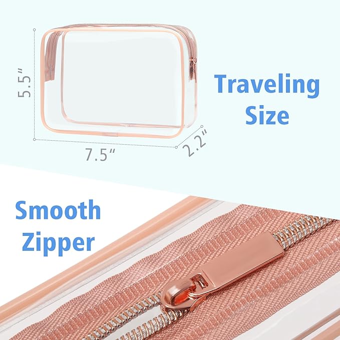 PACKISM Clear Makeup Bag - 4 Pack TSA Approved Toiletry Bag Waterproof Quart Size Travel Bag, Clear Cosmetic Bag for Women, Carry on Airport Airline Compliant Bag, Rose Pink