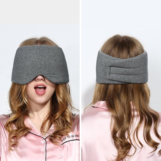 FRESHME Cotton Sleep Eye Mask for Women Men - 100% Blocking Light Travel Blindfold, Soft Zero Pressure Grey Eyes Cover with Adjustable Velcro Strap for Side Sleeper Night Sleeping, Work Nap and Yoga