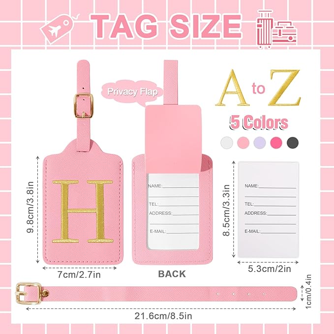Personalized Initial Luggage Tags for Suitcase, Pink Leather Cute Luggage Tags with Privacy Cover Name Card, Embroidered Custom Monogrammed Luggage Tag Travel Bag Baggage Tags Gifts for Women Kids(H)
