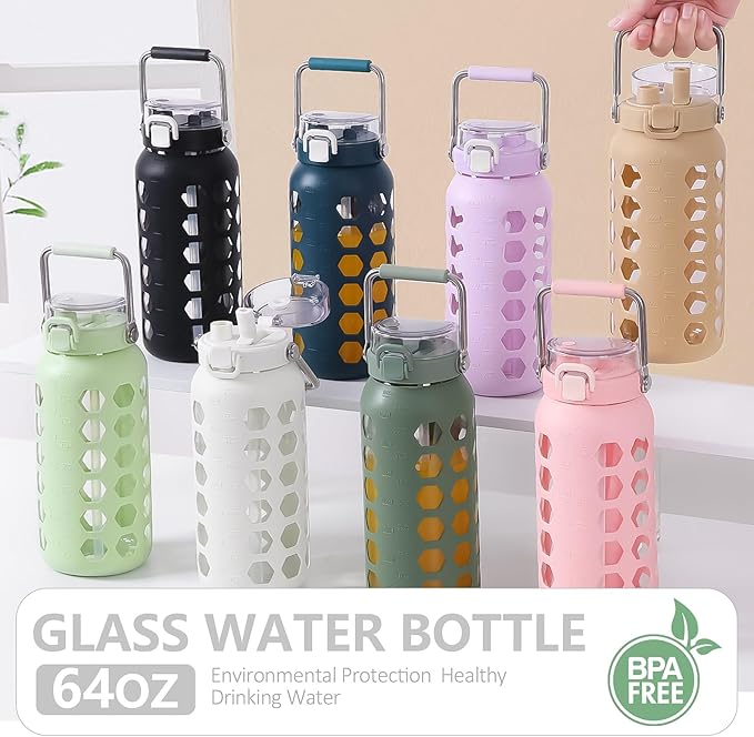 MUKOKO 64oz Glass Water Bottles with Straw and Lid,Half Gallon Water Bottle with Time Marker,Large Glass Water Jug with Silicone Sleeve and Stainless Steel Handle-Black