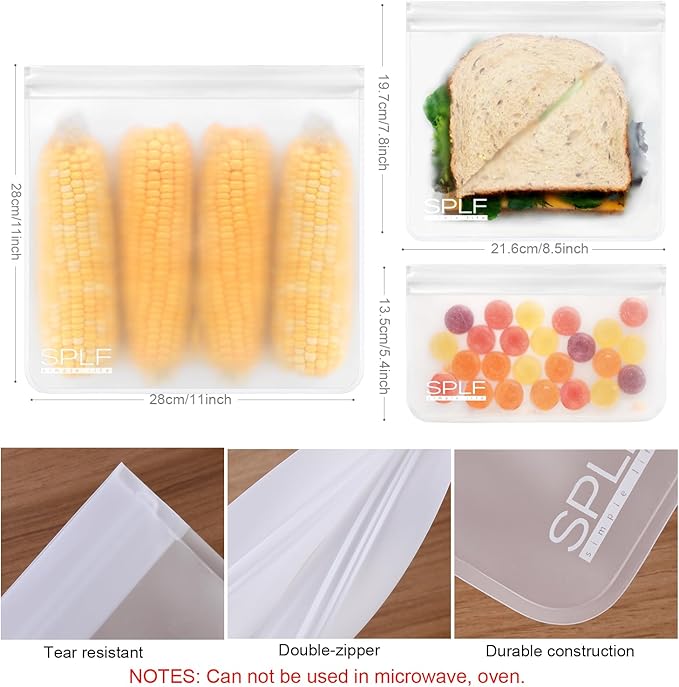 SPLF 6 Pack Dishwasher Safe Reusable Gallon Freezer Bags, BPA FREE Extra Thick Reusable Storage Bags Leakproof Silicone and Plastic Free for Marinate Meats, Cereal, Sandwich, Snack, Travel Items