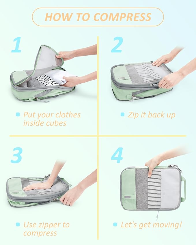BAGSMART 6 Set Compression Packing Cubes - Lightweight Travel Essentials, Durable Luggage Organizer