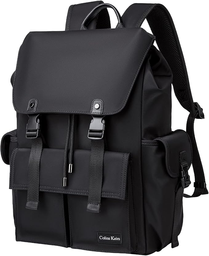 Black backpack for men, 16 inch laptop backpack with computer compartment, Drawstring slim waterproof tech backpack for travel, work, college or daily use, Large 30 L