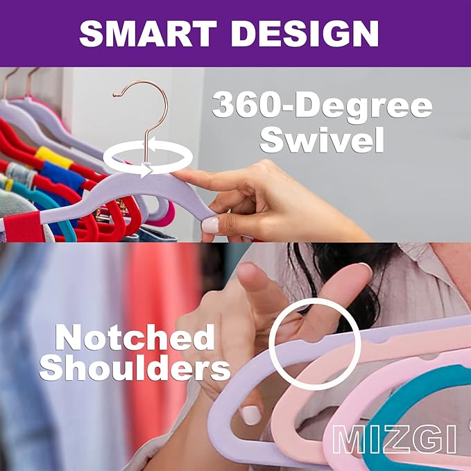 MIZGI Premium Velvet Hangers (60 Pack) Heavy Duty - Non Slip Felt Hangers - Velvet Suit Hanger Ivory - Rose Gold Hooks,Space Saving Clothes Hanger