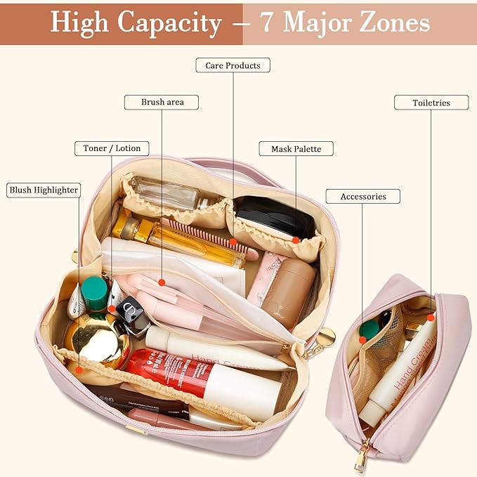 Birthday Gifts for Women Teen Girl, Personalized Initial Makeup Organizer Bag Set, Open Flat Travel Cosmetic Bag With Clear Divider and Handle(Pink,K)