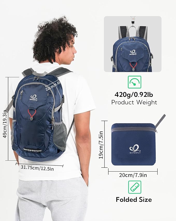 WATERFLY Lightweight Packable Hiking Backpack: 30L Foldable Travel Daypack Ultralight Camping Day Pack for Woman Man