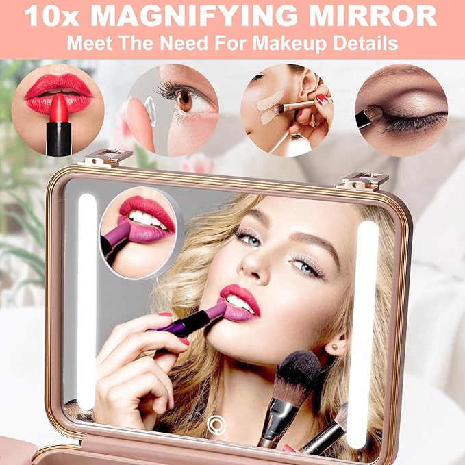 Mocado Travel Makeup Case with Lighted Mirror, 8 Makeup Brushes & 10x Magnifying Mirror, Adjustable Brightness Train Case (Pink)