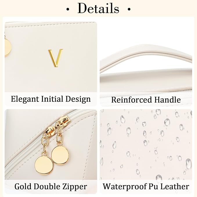 Birthday Gifts for Women Teen Girl, Personalized Initial Makeup Organizer Bag Set, Open Flat Travel Cosmetic Bag With Clear Divider and Handle(Beige,V)