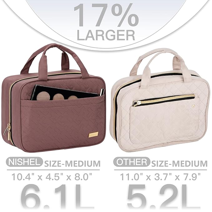 NISHEL Travel Toiletry Bag for women, Portable Hanging Organizer for Travel-Sized Shampoo, Conditioner, Brushes Set, Makeup Accessories, Medium Size, Rosewood-Pink