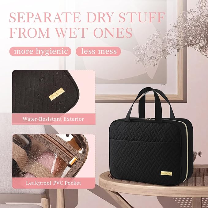 HOTOR Travel Toiletry Bag w/Hanging Hook - Spacious Toiletry Bag Essentials for Women & Men, Makeup Bag/Big Comparment, Waterproof for Travel Accessories, Medium, Black