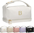 Monogrammed Gift for Women Girls, Initial Makeup Bag, Personalized Double Layer Cosmetic Bag with Makeup Brush Organizer, Large Capacity PU Leather Travel Toiletry Bag, Sister Gifts