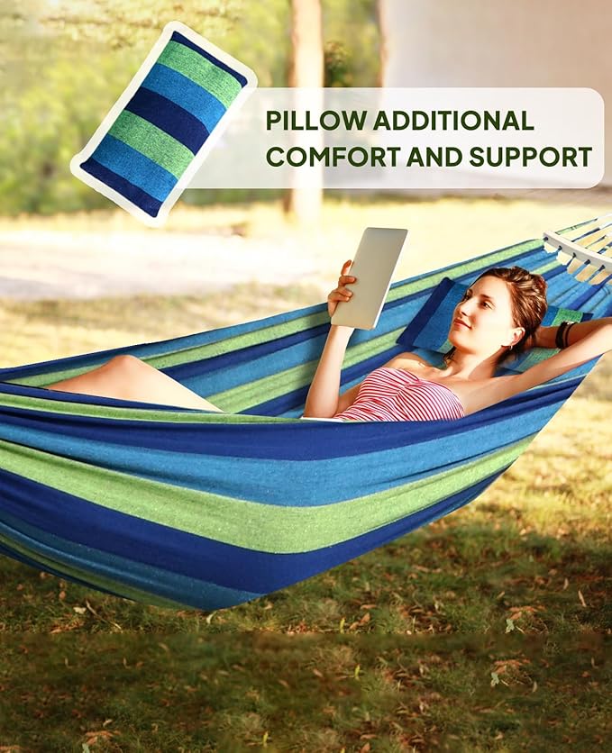 Chihee Cotton Hammock Large Soft Breathable Camping Hammock Holds Up to 660lbs Portable Tree Hammock with Detachable Spreader Bar Pillow 2 Strong Webbings 2 Carabiners Patio Garden Indoor Outdoor