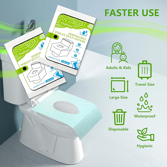 TenFan Disposable Toilet Seat Covers - 70-Pack Waterproof XL Travel Pack, Adhesive Secure Fit for Public Toilets, Camping, Airport & Hospital (Adults & Kids)