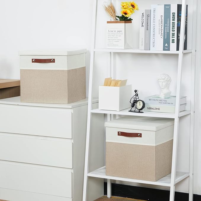 Temary Fabric Storage Bins with Lids 13 Inch Storage Cubes with Lid, Decorative Foldable Storage Boxes for Clothes, Closet Organizers (White&Khaki, 13x13x13inch)