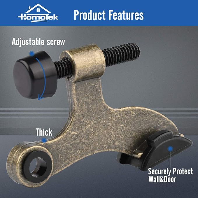 HOMOTEK 2 Pack Hinge Pin Antique Brass Door Stopper, Adjustable Deluxe Heavy Duty Door Stopper 2-1/2"x1-3/4”, with Black Rubber Bumper Tips