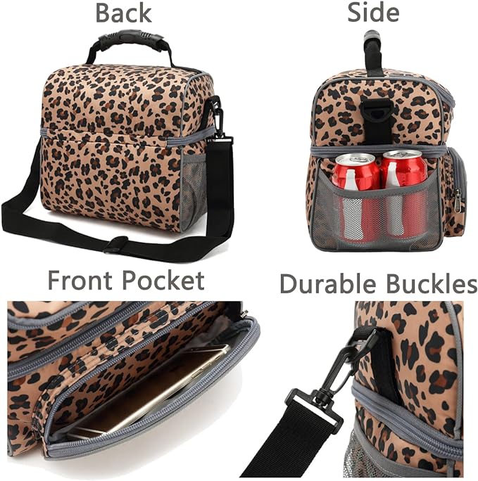 FlowFly Double Layer Cooler Insulated Lunch Bag Adult Lunch Box Large Tote Bag for Men, Women, With Adjustable Strap,Front Pocket and Dual Large Mesh Side Pockets