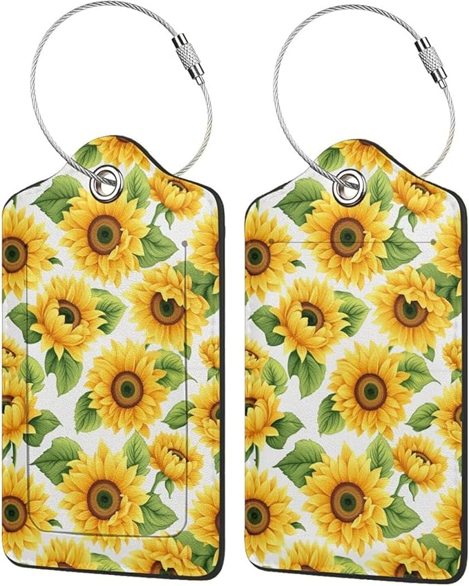 Lovely Sunflower Leather Luggage Tag with Stainless Steel Ring, Fun Name Id Card Cover Travel Bag Tag Set, Suitable for Travel Bag Luggage Women Men 4 PCS