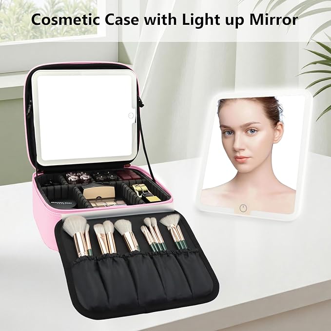 Travel Makeup Bag with LED Mirror Travel Makeup Organizer with 3 Lighted Settings, Adjustable Dividers and Makeup Brush Storage Bag Dark Pink