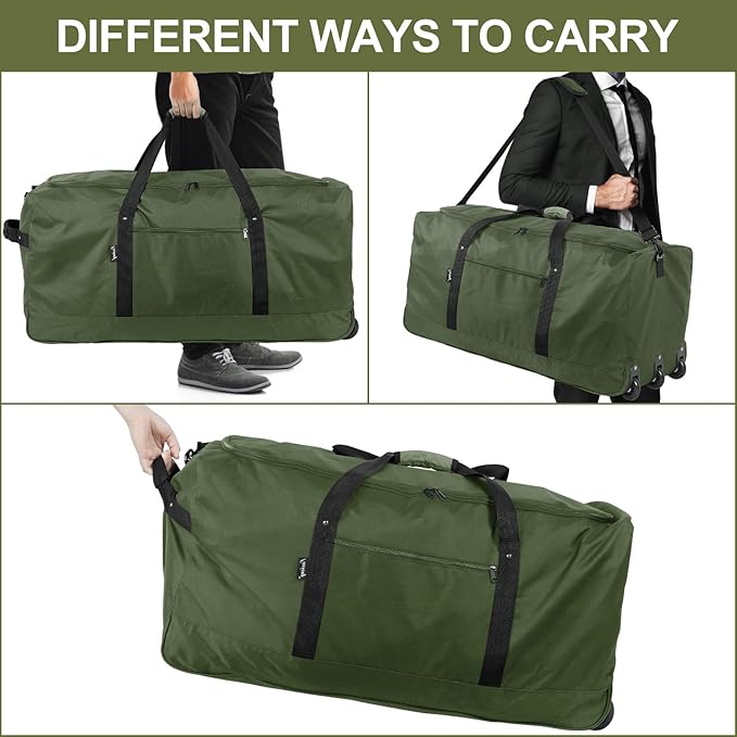 Finnhomy 120L Foldable Rolling Duffel Bag with 3 Wheels, Light Weight Travel Duffel bag with Large Loading Capacity, 32 inch Rolling Duffel bag with Shoulder Strap for Travel Camping Sports