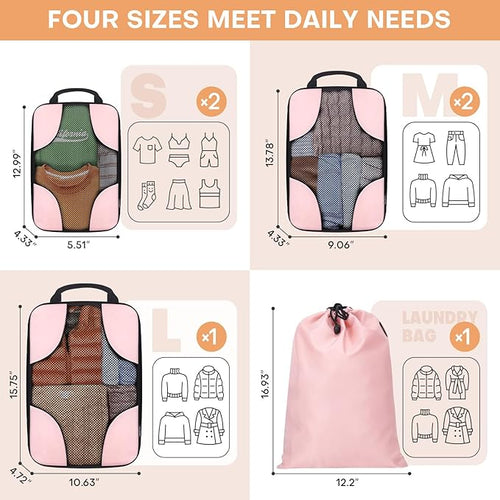 6 Set Compression Packing Cubes for Travel Women, Compression Bags Organizer for Packing Luggage Space Saving, Suitcase Organizer Set for Travel Essentials - Pink