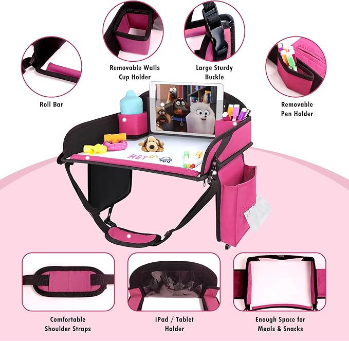 Kids Travel Tray for Airplane - Toddler Car Seat Table Tray, Road Trip Essentials for Boys & Girls, Carseat Lap Desk for Kids Road Trip Activities (Pink-2PCS)