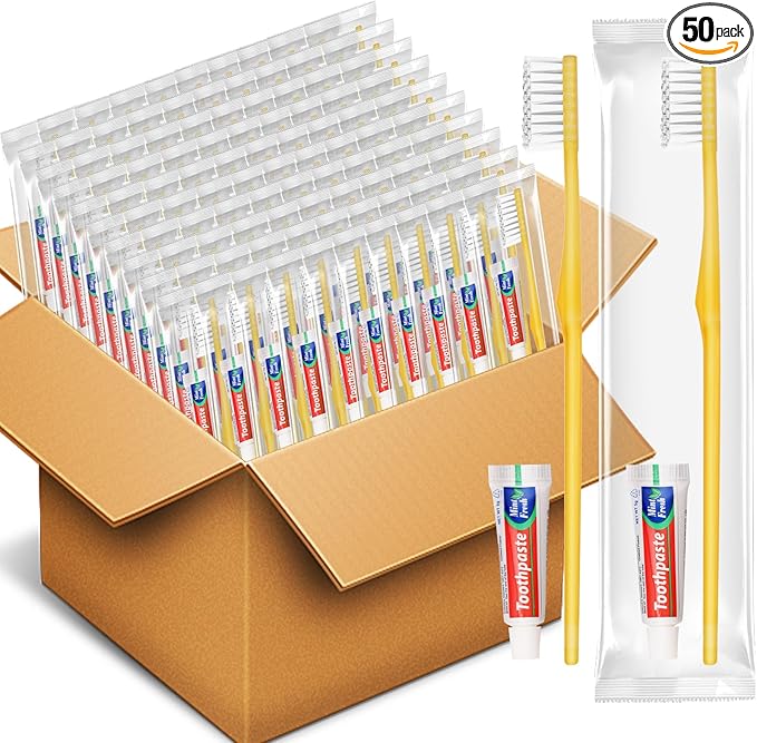 HOFASON Disposable Toothbrushes Pack of 50, Yellow Hollow Travel Toothbrush Set with Individually Wrapped Toothpaste for Homeless, Nursing Home, Shelter, Hotel