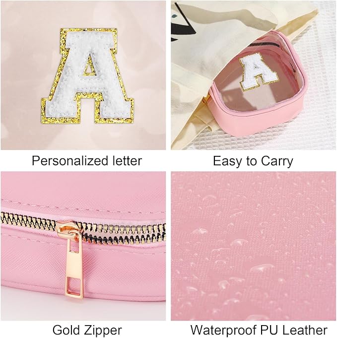 YOOLIFE Mini Initial Makeup Bag | Clear Makeup Bag | Preppy Cosmetic Bags Travel Essentials Gifts for Women Teen Girlfriend Teacher Birthday Clear Toiletry Bag Small Cosmetic Bag for Purse Pink J