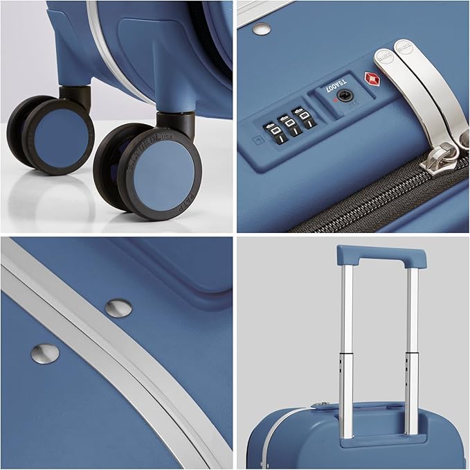 mixi Carry On Luggage, 18” Suitcase with Front Laptop Pocket, Travel Luggage Aluminum Frame PC Hardside with Spinner Wheels & TSA Lock and Cover (Not for Underseat), Sapphire Blue