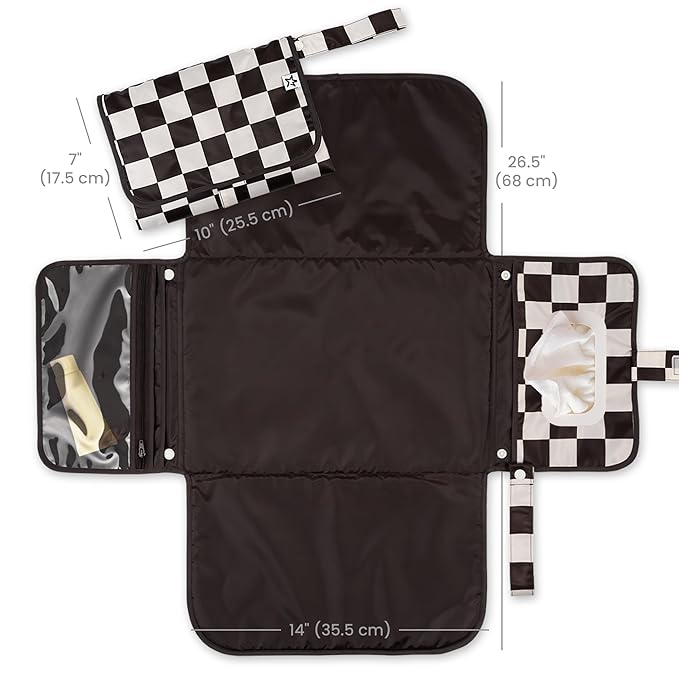 Tiny Twinkle Portable Diaper Changing Pad-Foldable Waterproof Changing Mat&Portable Changing Pad for Travel,Baby Changing Station with Smart Wipes Pocket&Storage (Black Checkers)