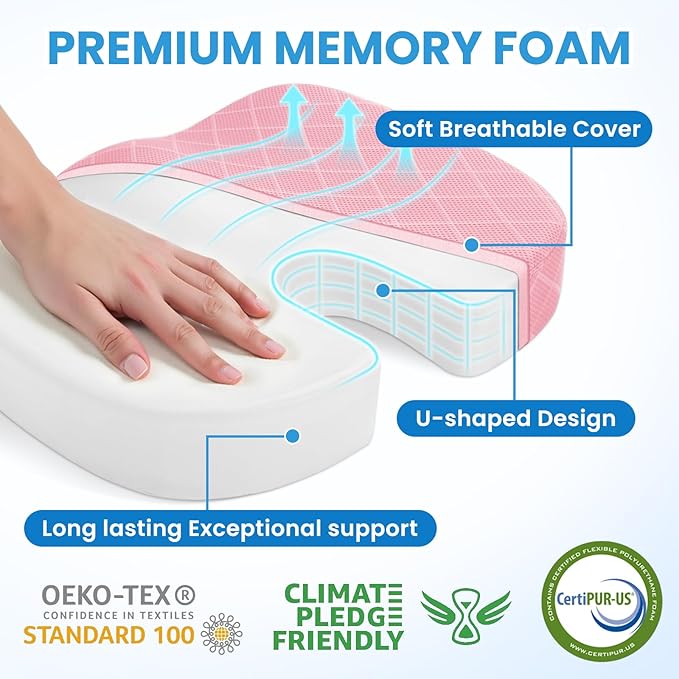 TushGuard Office/Car Seat Cushion, Non-Slip Sciatica & Back Coccyx Tailbone Pain Relief Chair Pad, Memory Foam Butt Pillow for Computer Desk, Wheelchair, Driving (Pink, XX-Large)