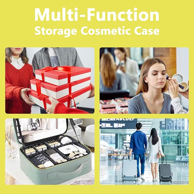 Travel Makeup Bag for Women and Makeup Artists Cosmetic Organizer Large Makeup Case,Travel Makeup Bag with Mirror 3 Color Setting,Portable Storage and Adjustable Dividers(yellow)