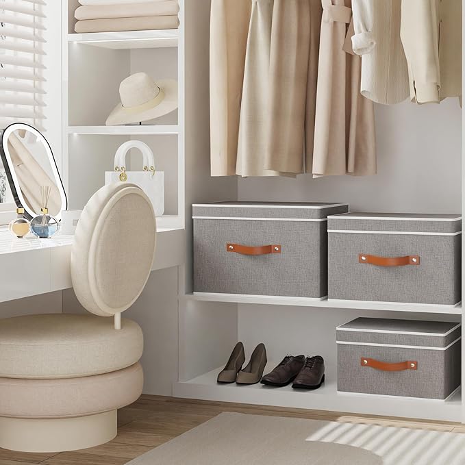 Collapsible Storage Bins with Lids, Linen Foldable Cloth Baskets, 17.7 x 11.8 x 11.8 Inch Closet Organizer Containers with Double Handles, Sweater Boxes for Bedroom, Grey, 3 Pack