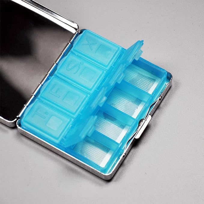 Silver Vintage Pill Box 7 Day Metal Pill Box with Mirror and 8 Compartments Cute Travel Pill Organizer for Purse (Art Almond Blossoms)