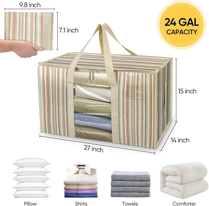 BALEINE 8-Pack Oversized Moving Bags with Reinforced Handles, Heavy-Duty Storage Tote for Clothes, Moving Supplies (Color Stripe with Window, 8-Pack)
