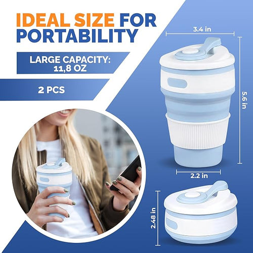 2-Pack Collapsible Coffee Cup Reusable – 12oz Leakproof Travel Coffee Mug, Silicone, Foldable & Portable for Hiking, Camping, Office | Lightweight, Heat-Resistant, Easy to Clean, Outdoor & Travel Cup