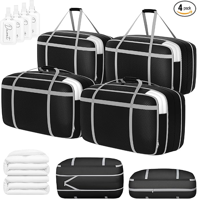 DIMJ Large Comforter Storage Bag with Handls, 100L Washable Blanket Storage, Compression Packing Totes Moving Bags With Zipper, Space Saving Containers For Pillow, Clothes, Bedding, 4 PCS