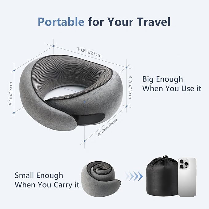 Advanced Memory Foam Neck Travel Pillow, Neck Pillow Airplane with Eye Mask & Ear Plugs, Designed for The Comfort of Travel & Office, Travel Pillow for Plane, Car, Home, Work, Dark Grey