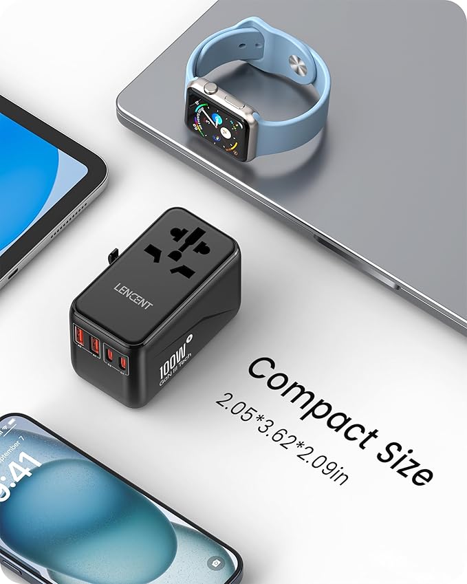 LENCENT Universal Travel Adapter, 100W GaN3 International Adaptor with 2 QC4.0 USB-A+2 PD3.0 Type-C PPS Fast Charging, Worldwide Wall Charger for iPhone,Samsung,Laptop, Plug Adapter USA/UK/EU/AU Black