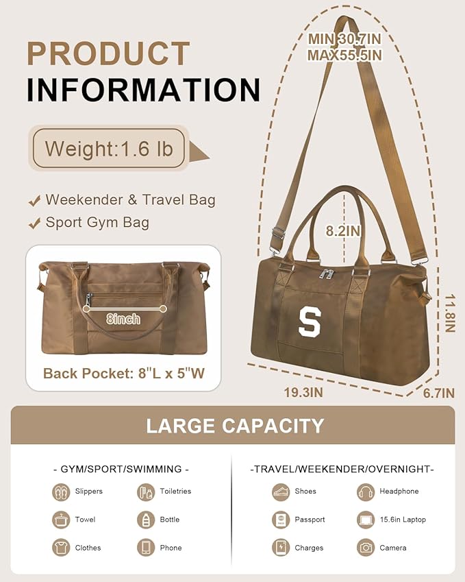 Birthday Graduation Gifts for Daughter,Initial Travel Duffel Bag Sports Gym Bag for Girls Teen Kids Birthday Gifts,Personalized Weekender Bag Carry On Tote Bags Cute Overnight Bag for Women(Brown, S)