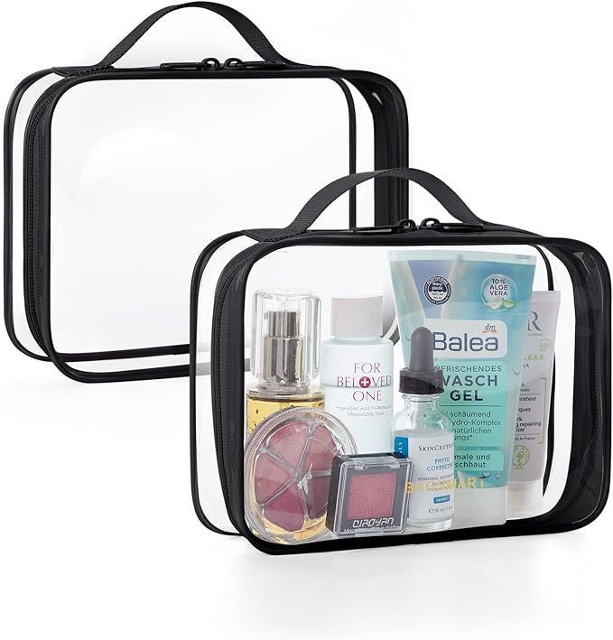 BAGSMART TSA Approved Clear Toiletry Bag, 2 Packs Quart Size Water Resistant Makeup Cosmetic Bags for Women, Airport Airline Travel Essential Carry On Organizer with Handle Large Opening, Black