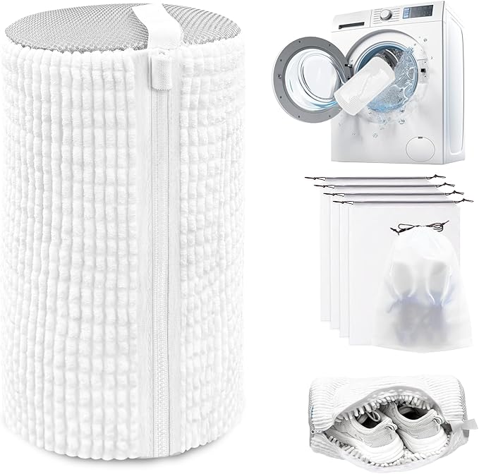 Shoe Washing Machine Bag,Laundry Shoe Bag for Washer and Dryer,Reusable Shoe Cleaning Bag for Sneakers,Tennis Shoes,With Self-locking Zipper, Microfiber Inside,Include Shoes Storage Bag (White(1PC))