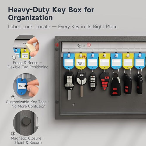 16-Key Cabinet Organizer, Key Lock Box Secured Key Holder for Valets, Hotels, Car & House Keys Black