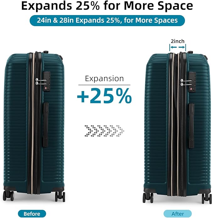 LEAVES KING LARVENDER Luggage Sets 5 Piece, Expandable(Only 24"&28") PP Suitcase with Spinner Wheels, Durable Luggage Sets Clearance Carry On Luggage Suitcase Set For Women Men, Dark Green