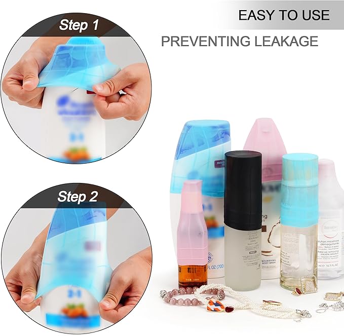 Travel Hanging Toiletry Bag for Women and Men, with 8 Leak Proofing Silicone Bottle Covers, Waterproof Makeup Accessories, Cosmetic Essentials, Toiletries Dopp Kit Set with Jewelry Organizer, Navy