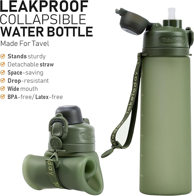 TakeToday Collapsible Water Bottles 20oz, Leak Proof, BPA-Free, Foldable Silicone Travel Water Bottle with Straw Strap for Cycling, Hiking, Outdoors