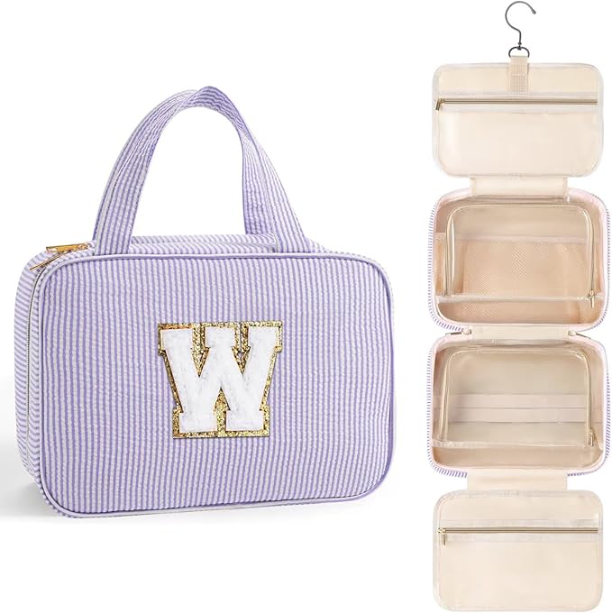 TOPEAST Hanging Toiletry Bag for Women - Travel Toiletry Bag Makeup Bag, Portable Toiletries Cosmetic Bag, Airplane Travel Essentials - Letter W, Purple
