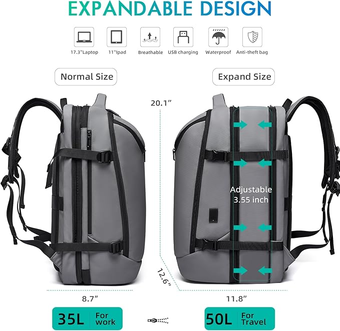 Carry on Backpack Airline Approved for Men, Travel 50L Expandable backpack Luggage Fits 17.3 Inch Laptop with USB Charging Port(grey)