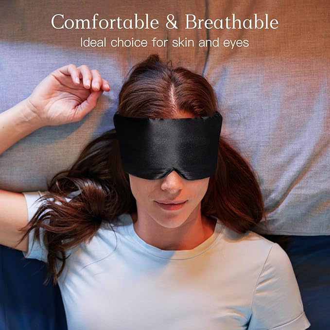 100% Natural Silk Eye Mask for Women Men, Soft Pressureless Cooling Blackout Eye Covers for Sleeping, Large Size Sleep Mask fits All Heads Adjustable, 1PC, Black