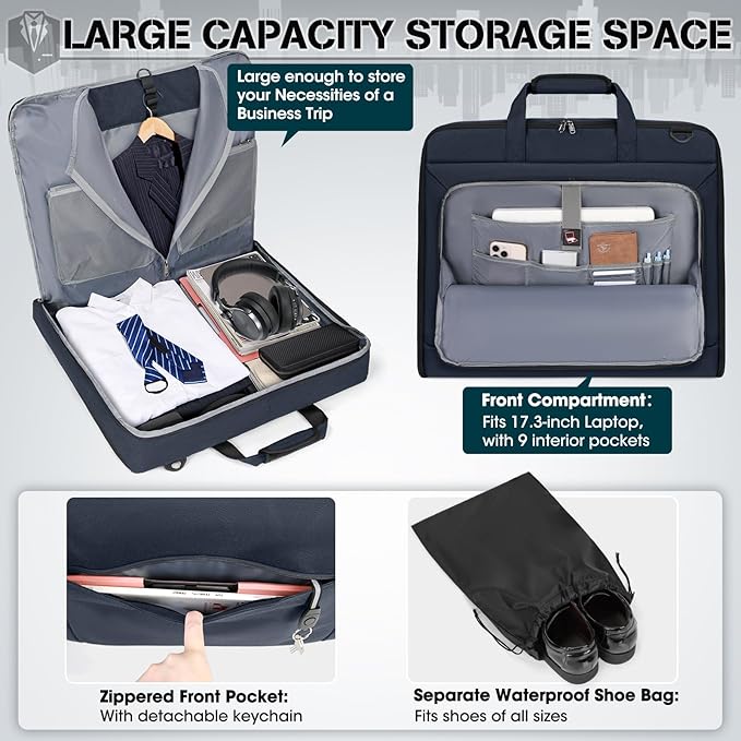 RAINSMORE Garment Bags for Travel Carry On Garment Bag for Hanging Clothes, Suit Bag for Business Trips with Shoes bag & Shoulder Strap, Waterproof Foldable Suit Luggage Bag for Men Women, Blue