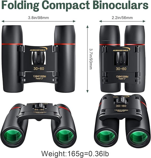 30X60 Small Binoculars for Adults Folding Bird Watching - Aurosports Mini Compact Binocular for Kids High Power Easy Focus Binoculars for Travel Hunting